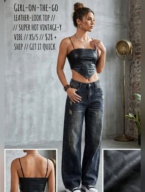 Faux Leather Bandana Crop Top Black V-Hem Spaghetti Strap Camisole Y2K Edgy, M